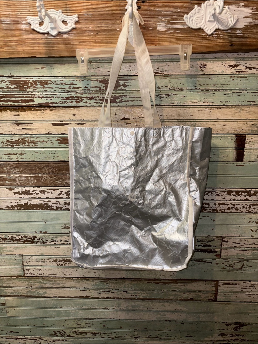 Lululemon Silver Metallic Tote Bag with Cream Handles